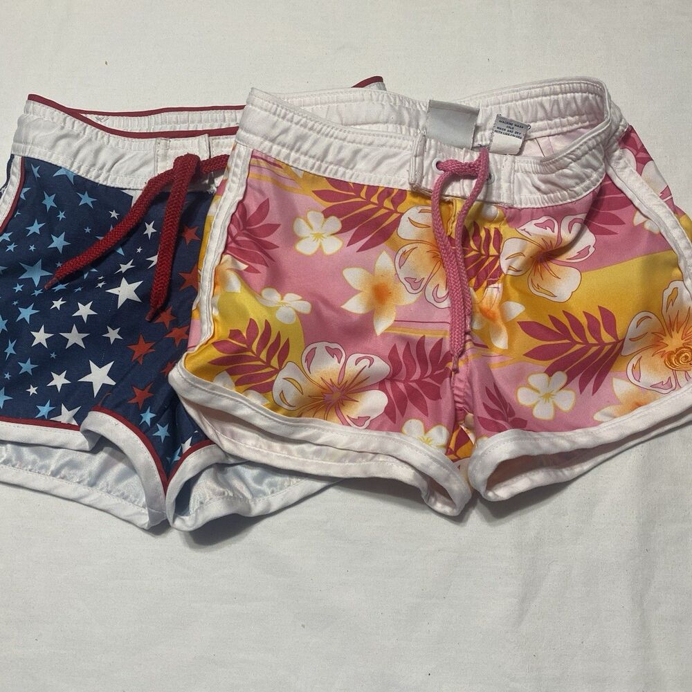 Vtg y2k Old Navy Board Shorts Girls 5 Pink Hibiscus USA Stars Floral Print Set 2